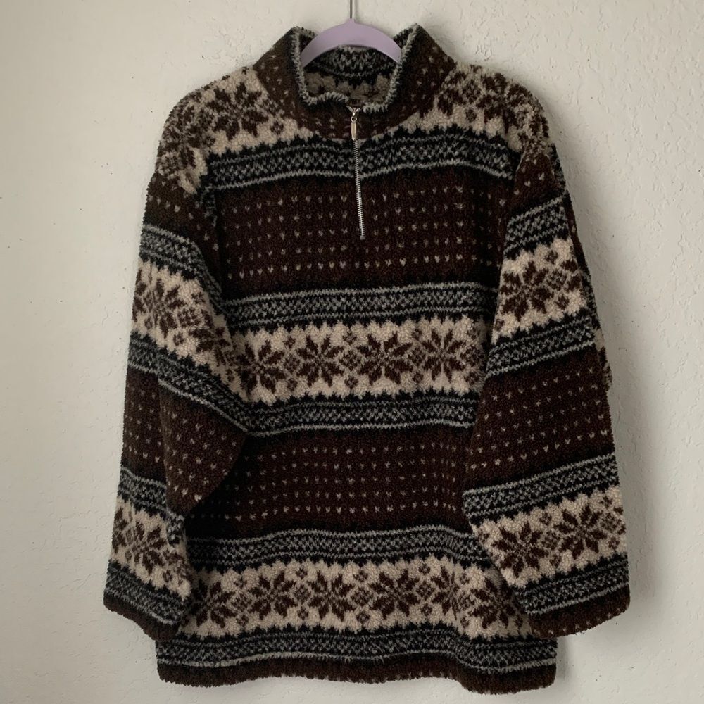 Essential Style Stand Collar 1/4 Zip Men's Brown /Cream Nordic Sweater Size L G